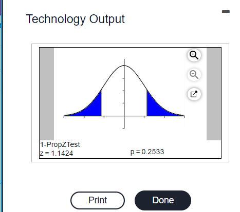 Technology Output
1-PropZTest
z= 1.1424
p = 0.2533
Print
Done

