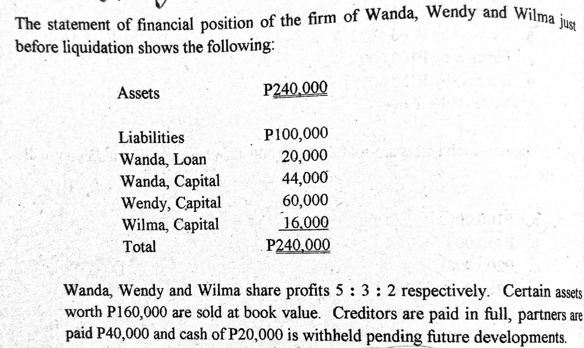 The statement of financial position of the firm of Wanda, Wendy and Wilma just
before liquidation shows the following:
Assets
P240,000
Liabilities
P100,000
Wanda, Loan
Wanda, Capital
Wendy, Capital
Wilma, Capital
20,000
44,000
60,000
16,000
P240,000
Total
Wanda, Wendy and Wilma share profits 5: 3: 2 respectively. Certain assets
worth P160,000 are sold at book value. Creditors are paid in full, partners are
paid P40,000 and cash of P20,000 is withheld pending future developments.
