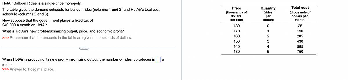 HotAir Balloon Rides is a single-price monopoly.
The table gives the demand schedule for balloon rides (columns 1 and 2) and HotAir's total cost
schedule (columns 2 and 3).
Now suppose that the government places a fixed tax of
$40,000 a month on HotAir.
What is HotAir's new profit-maximizing output, price, and economic profit?
>>> Remember that the amounts in the table are given in thousands of dollars.
When HotAir is producing its new profit-maximizing output, the number of rides it produces is a
month.
>>> Answer to 1 decimal place.
Price
(thousands of
dollars
per ride)
180
170
160
150
140
130
Quantity
(rides
per
month)
O 12345
0
Total cost
(thousands of
dollars per
month)
25
150
285
430
585
750
