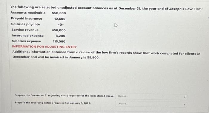 The following are selected unadjusted account balances as at December 31, the year end of Joseph's Law Firm:
Accounts receivable
Prepaid insurance.
Salaries payable
Service revenue
Insurance expense
Salaries expense
$50,600
12,600
-0-
456,000
8,200
115,000
INFORMATION FOR ADJUSTING ENTRY
Additional information obtained from a review of the law firm's records show that work completed for clients in
December and will be invoiced in January is $9,800.
Prepare the December 31 adjusting entry required for the item stated above. Choose...
Prepare the reversing entries required for January 1, 2022.
Choose