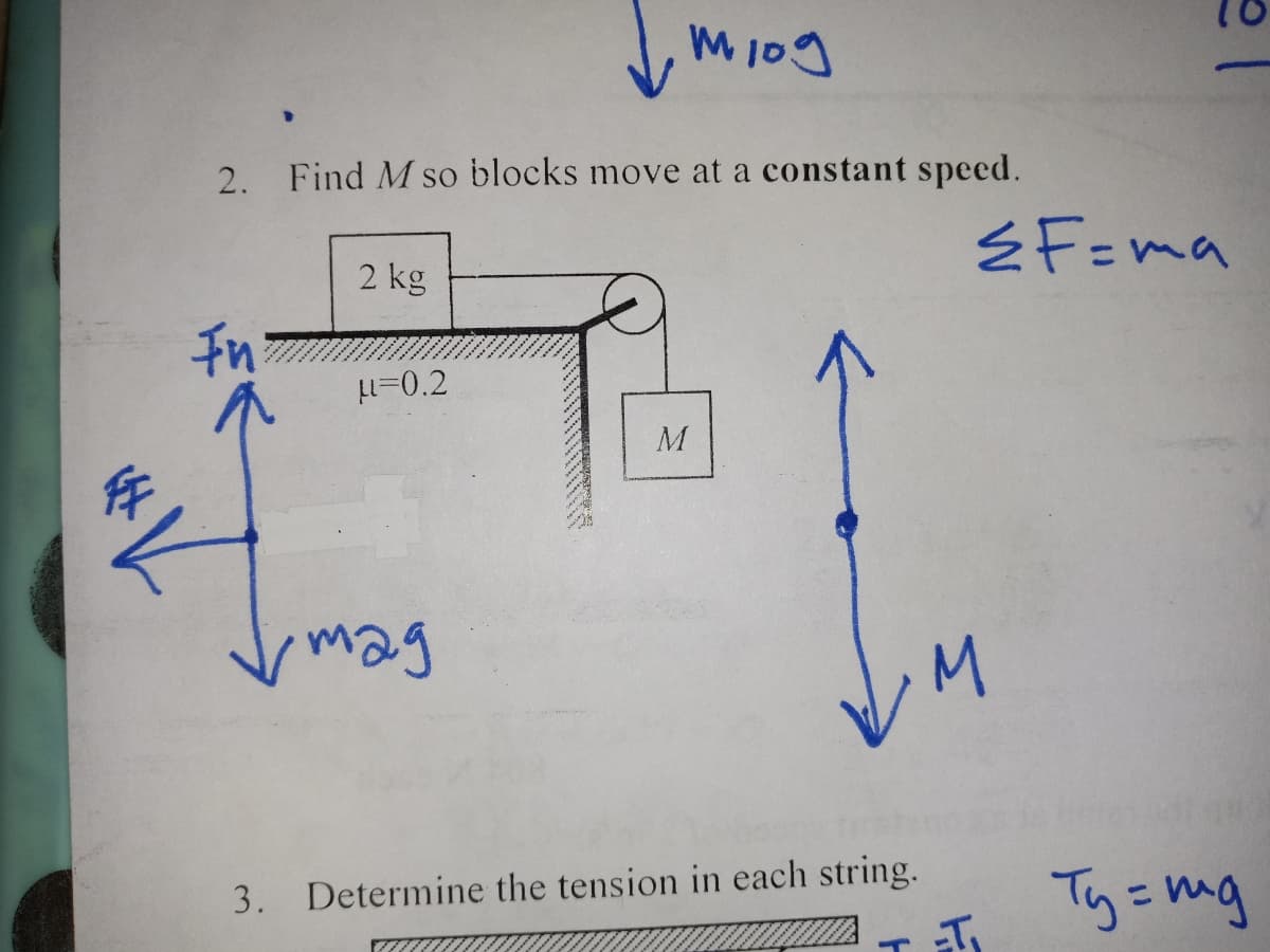 ↓ miog
2. Find M so blocks move at a constant speed.
Fn
2 kg
μ=0.2
mag
M
/M
3. Determine the tension in each string.
T
≤F=ma
10
=-=T₁
Ty = mg