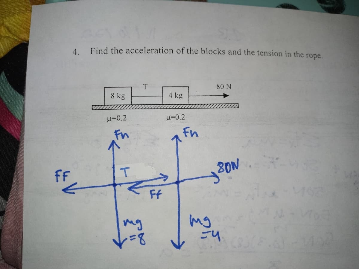 FF
4. Find the acceleration of the blocks and the tension in the rope.
8 kg
u=0.2
Fn
T
T
mg
=8
Ff
4 kg
μ=0.2
Fn
mg
80 N
80W
54.