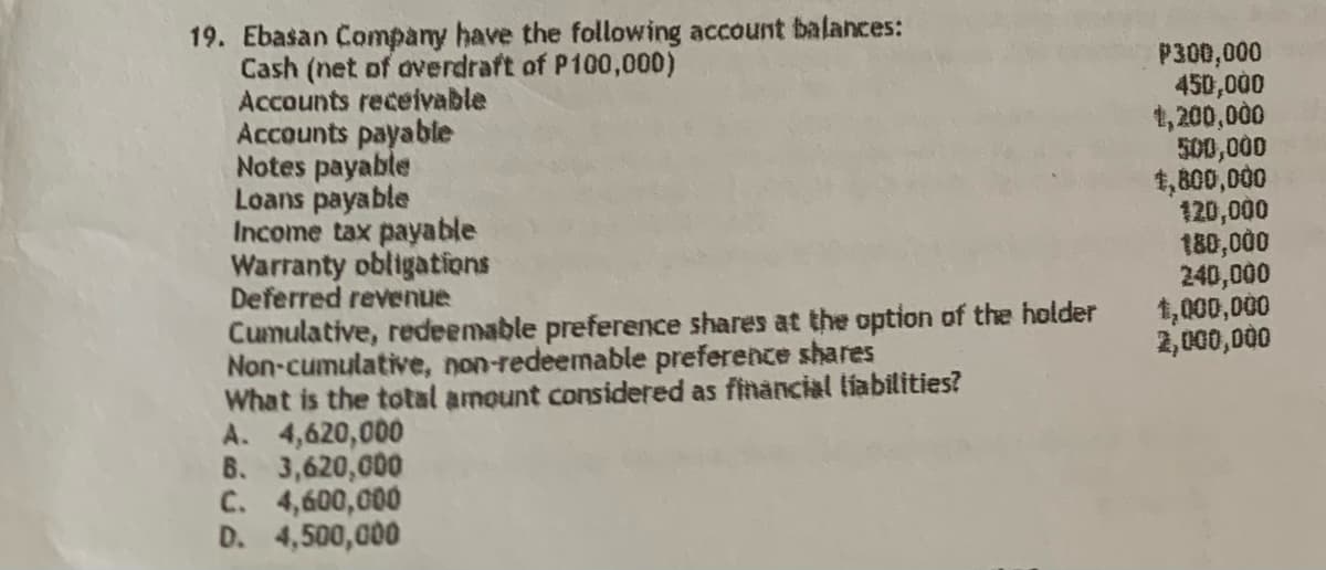 19. Ebasan Company have the following account balances:
Cash (net of overdraft of P100,000)
Accounts receivable
Accounts payable
Notes payable
Loans payable
Income tax payable
Warranty obligations
Deferred revenue
Cumulative, redeemable preference shares at the option of the holder
Non-cumulative, non-redeemable preference shares
What is the total amount considered as financial liabilities?
A. 4,620,000
B. 3,620,000
C. 4,600,000
D. 4,500,000
P300,0000
450,000
1,200,000
500,000
1,800,000
120,000
180,000
240,000
1,000,000
2,000,000