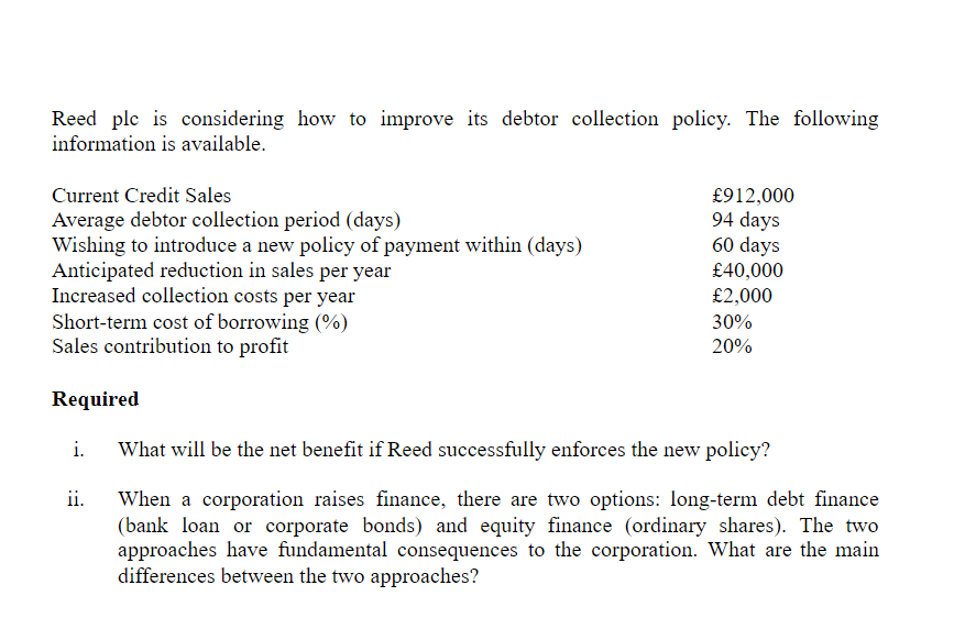 Reed plc is considering how to improve its debtor collection policy. The following
information is available.
Current Credit Sales
£912,000
94 days
60 days
Average debtor collection period (days)
Wishing to introduce a new policy of payment within (days)
Anticipated reduction in sales per year
Increased collection costs per year
Short-term cost of borrowing (%)
Sales contribution to profit
£40,000
£2,000
30%
20%
Required
i.
What will be the net benefit if Reed successfully enforces the new policy?
ii.
When a corporation raises finance, there are two options: long-term debt finance
(bank loan or corporate bonds) and equity finance (ordinary shares). The two
approaches have fundamental consequences to the corporation. What are the main
differences between the two approaches?
