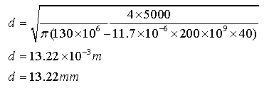 4x5000
=
|≈(130×106 −11.7×10×200×10²×40)
d
d = 13.22 x10 m
d = 13.22mm