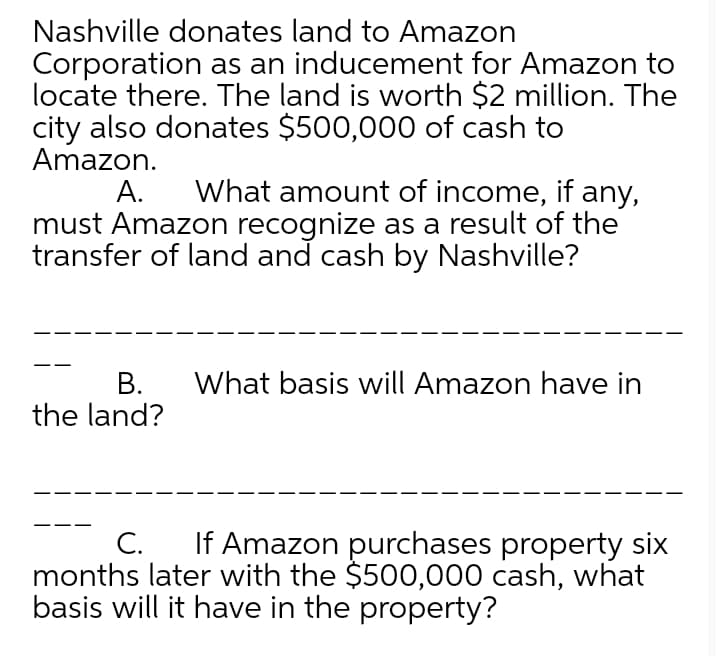 Nashville donates land to Amazon
Corporation as an inducement for Amazon to
locate there. The land is worth $2 million. The
city also donates $500,000 of cash to
Amazon.
What amount of income, if any,
must Amazon recognize as a result of the
transfer of land and cash by Nashville?
А.
В.
the land?
What basis will Amazon have in
If Amazon purchases property six
months later with the $500,000 cash, what
basis will it have in the property?
C.
