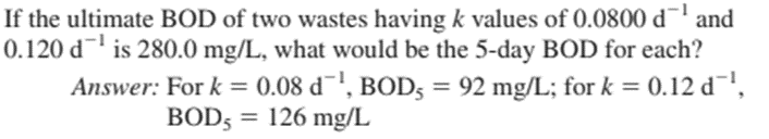 If the ultimate BOD of two wastes having k values of 0.0800 d¹ and
0.120 d¯¹ is 280.0 mg/L, what would be the 5-day BOD for each?
Answer: For k = 0.08 d¯¹, BOD5 = 92 mg/L; for k = 0.12 d¯¹,
BOD5 = 126 mg/L