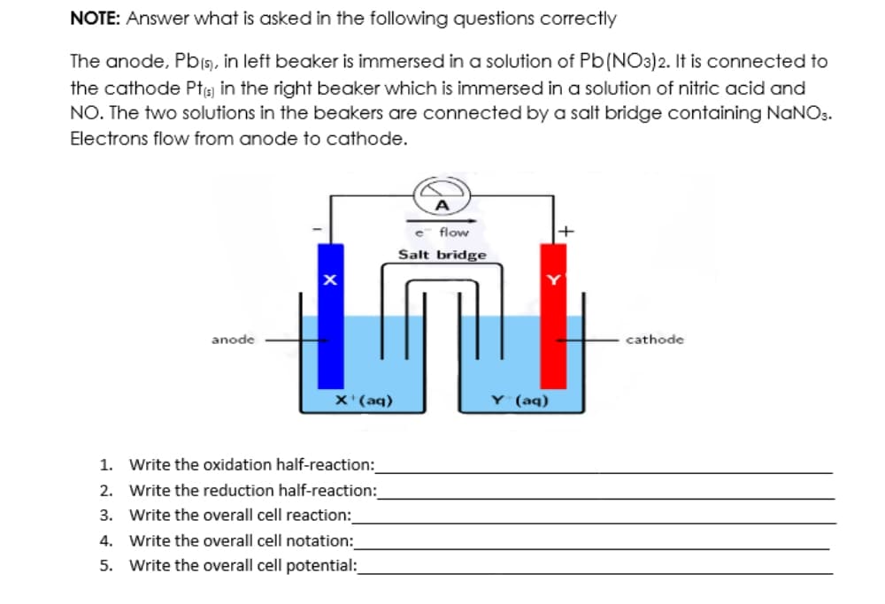 NOTE: Answer what is asked in the following questions correctly
The anode, Pb(5), in left beaker is immersed in a solution of Pb(NO3)2. It is connected to
the cathode Ptg in the right beaker which is immersed in a solution of nitric acid and
NO. The two solutions in the beakers are connected by a salt bridge containing NANOS.
Electrons flow from anode to cathode.
flow
Salt bridge
anode
cathode
X'(aq)
(aq)
1. Write the oxidation half-reaction:
2. Write the reduction half-reaction:
3. Write the overall cell reaction:
4. Write the overall cell notation:
5. Write the overall cell potential:
