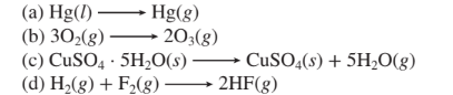 Hg(g)
- 203(g)
(a) Hg(l)
(b) 302(g) ·
(c) CuSO4 · 5H2O(s) -
(d) H2(g) + F2(g) → 2HF(g)
CUSO4(s) + 5H,O(g)
