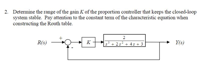 2. Determine the range of the gain K of the proportion controller that keeps the closed-loop
system stable. Pay attention to the constant term of the characteristic equation when
constructing the Routh table.
R(s)
K
2
³+2s² + 4s +3
Y(s)