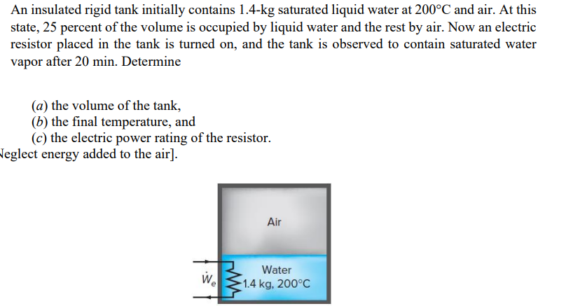 An insulated rigid tank initially contains 1.4-kg saturated liquid water at 200°C and air. At this
state, 25 percent of the volume is occupied by liquid water and the rest by air. Now an electric
resistor placed in the tank is turned on, and the tank is observed to contain saturated water
vapor after 20 min. Determine
(a) the volume of the tank,
(b) the final temperature, and
(c) the electric power rating of the resistor.
Neglect energy added to the air].
We
Air
Water
1.4 kg, 200°C
