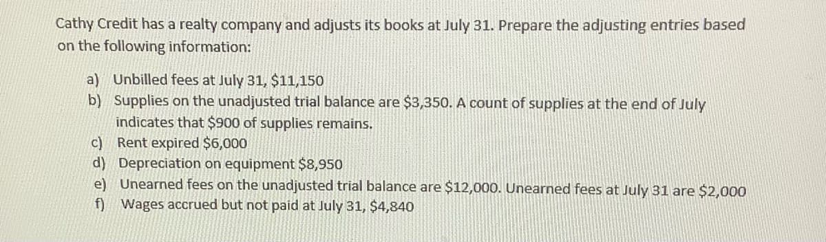 Cathy Credit has a realty company and adjusts its books at July 31. Prepare the adjusting entries based
on the following information:
a) Unbilled fees at July 31, $11,150
b) Supplies on the unadjusted trial balance are $3,350. A count of supplies at the end of July
indicates that $900 of supplies remains.
c) Rent expired $6,000
d) Depreciation on equipment $8,950
e) Unearned fees on the unadjusted trial balance are $12,000. Unearned fees at July 31 are $2,000
f) Wages accrued but not paid at July 31, $4,840
