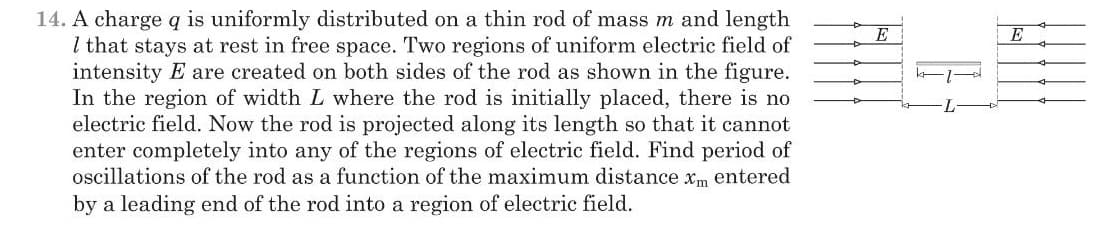 14. A charge q is uniformly distributed on a thin rod of mass m and length
I that stays at rest in free space. Two regions of uniform electric field of
intensity E are created on both sides of the rod as shown in the figure.
In the region of width L where the rod is initially placed, there is no
electric field. Now the rod is projected along its length so that it cannot
enter completely into any of the regions of electric field. Find period of
oscillations of the rod as a function of the maximum distance xm entered
by a leading end of the rod into a region of electric field.
E
E