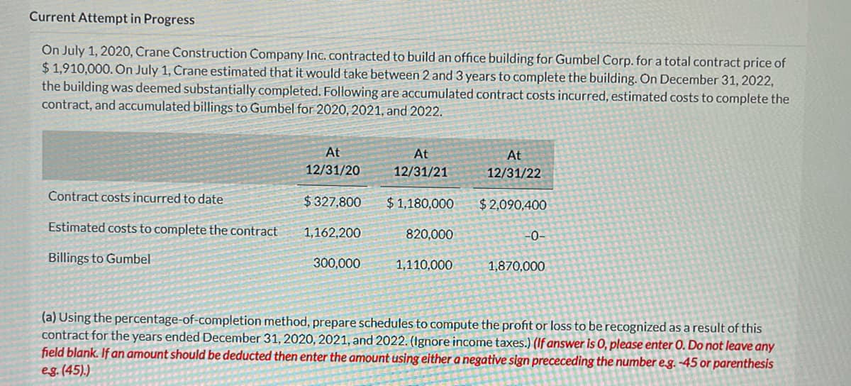 Current Attempt in Progress
On July 1, 2020, Crane Construction Company Inc. contracted to build an office building for Gumbel Corp. for a total contract price of
$ 1,910,000. On July 1, Crane estimated that it would take between 2 and 3 years to complete the building. On December 31, 2022,
the building was deemed substantially completed. Following are accumulated contract costs incurred, estimated costs to complete the
contract, and accumulated billings to Gumbel for 2020, 2021, and 2022.
At
At
At
12/31/20
12/31/21
12/31/22
Contract costs incurred to date
$ 327,800
$ 1,180,000
$2,090,400
Estimated costs to complete the contract
1,162,200
820,000
-0-
Billings to Gumbel
300,000
1,110,000
1,870,000
(a) Using the percentage-of-completion method, prepare schedules to compute the profit or loss to be recognized as a result of this
contract for the years ended December 31, 2020, 2021, and 2022. (Ignore income taxes.) (If answer is 0, please enter 0. Do not leave any
field blank. If an amount should be deducted then enter the amount using eithera negative sign prececeding the number e.g. -45 or parenthesis
eg. (45).)
