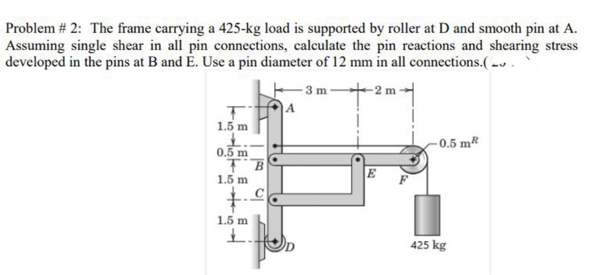 Problem # 2: The frame carrying a 425-kg load is supported by roller at D and smooth pin at A.
Assuming single shear in all pin connections, calculate the pin reactions and shearing stress
developed in the pins at B and E. Use a pin diameter of 12 mm in all connections.( -v .
E3 m +-2 m
|A
1.5 m
-0.5 m
0.5 m
E
1.5 m
F
1.5 m
425 kg
