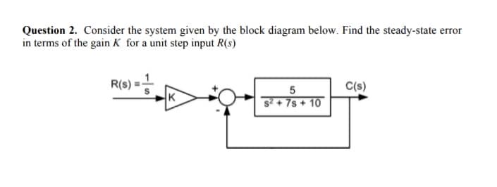 Question 2. Consider the system given by the block diagram below. Find the steady-state error
in terms of the gain K for a unit step input R(s)
R(s):
C(s)
K
s? + 7s + 10
