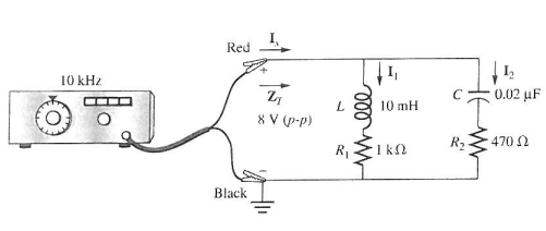 10 kHz
Red
Black
Z₁
8 V (p-p)
I,
C
0.02 μF
L
10 mH
R₁
ΙΚΩ
R₂
470 Ω