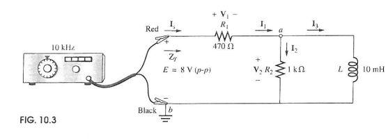 13
w
470 Ω
I₂
ΙΚΩ
L
10 kHz
Red
去
ZT
E = 8V (p-p)
+ V₁
R₁
FIG. 10.3
Black b
000
10 mH