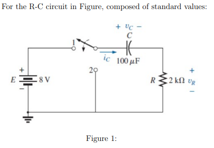 For the R-C circuit in Figure, composed of standard values:
E
8V
20
+ UC -
C
ic 100 μF
Figure 1:
R
22 kΩ UR