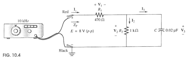 10 kHz
Red
+ V₁
R₁
w
470 Ω
Black
FIG. 10.4
ZT
E = 8V (p-p)
V₂ R₂
1 ΚΩ
13
0.02 µF V3