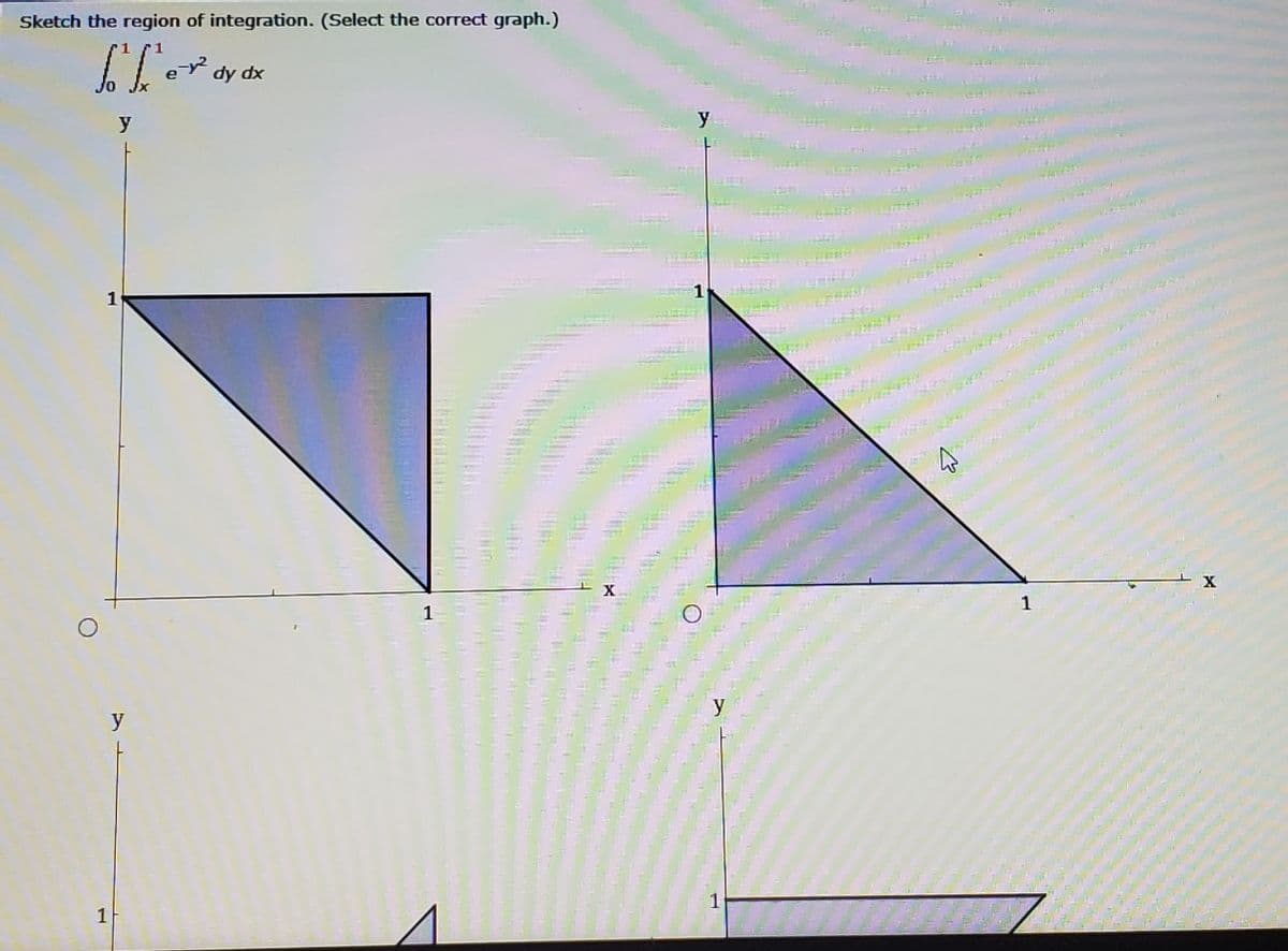 Sketch the region of integration. (Select the correct graph.)
e
dy dx
y
1
1
X
1
1
y
1
1
