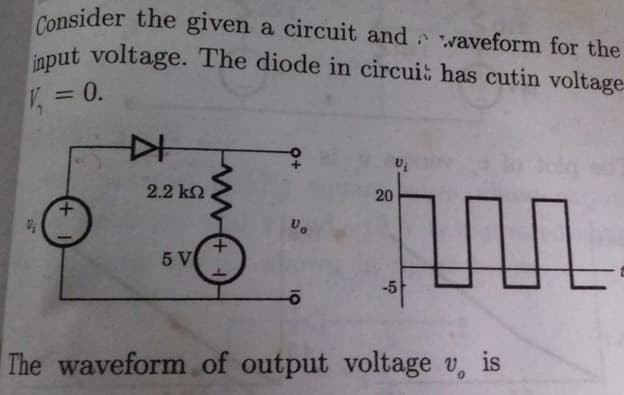 Consider the given a circuit andwaveform for the
input voltage. The diode in circuit has cutin voltage
0.
%3D
2.2 k2
vo
5 V
-5
The waveform .of output voltage v, is
20
