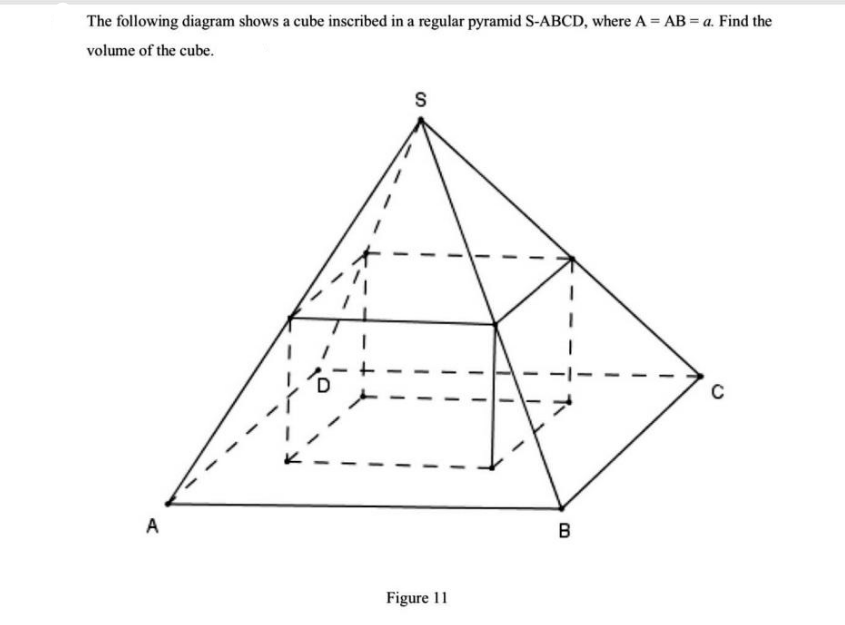 The following diagram shows a cube inscribed in a regular pyramid S-ABCD, where A = AB = a. Find the
volume of the cube.
S
C
A
в
Figure 11

