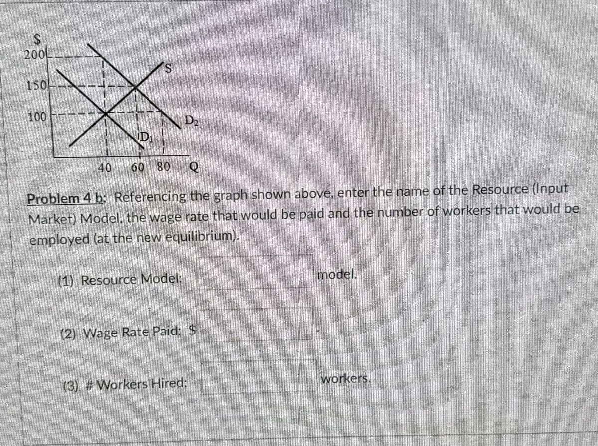 200
150----
100
D
D
40 60
80
Q
Problem 4 b: Referencing the graph shown above, enter the name of the Resource (Input
Market) Model, the wage rate that would be paid and the number of workers that would be
employed (at the new equilibrium).
(1) Resource Model:
model.
(2) Wage Rate Paid: $
(3) # Workers Hired:
workers.
