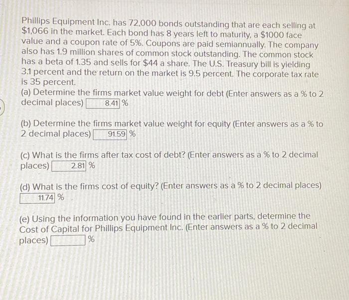 Phillips Equipment Inc. has 72,000 bonds outstanding that are each selling at
$1,066 in the market. Each bond has 8 years left to maturity, a $1000 face
value and a coupon rate of 5%. Coupons are paid semiannually. The company
also has 1.9 million shares of common stock outstanding. The common stock
has a beta of 1.35 and sells for $44 a share. The U.S. Treasury bill is yielding
3.1 percent and the return on the market is 9.5 percent. The corporate tax rate
is 35 percent.
(a) Determine the firms market value weight for debt (Enter answers as a % to 2
decimal places)
8.41 %
(b) Determine the firms market value weight for equity (Enter answers as a % to
2 decimal places) 91.59 %
(c) What is the firms after tax cost of debt? (Enter answers as a % to 2 decimal
places) 2.81%
(d) What is the firms cost of equity? (Enter answers as a % to 2 decimal places)
11.74 %
(e) Using the information you have found in the earlier parts, determine the
Cost of Capital for Phillips Equipment Inc. (Enter answers as a % to 2 decimal
places)
%