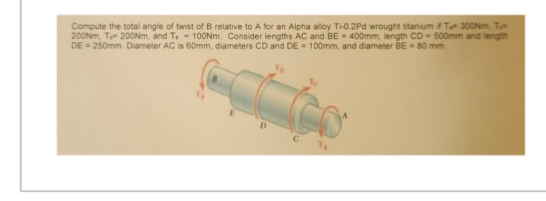 Compute the total angle of twist of B relative to A for an Alpha alloy Ti-0.2Pd wrought titanium if Ta- 300Nm, Te=
200Nm, T. 200Nm, and Tb = 100Nm. Consider lengths AC and BE = 400mm, length CD= 500mm and length
DE = 250mm. Diameter AC is 60mm, diameters CD and DE = 100mm, and diameter BE = 80 mm.
D