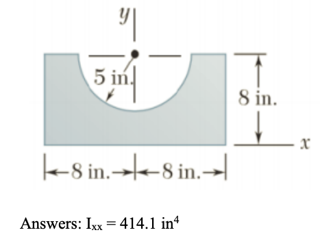 5 in.
8 in.
- X
e-S in.→--8 in.-→|
Answers: Ixx = 414.1 int
