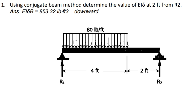 1. Using conjugate beam method determine the value of E18 at 2 ft from R2.
Ans. ElōB = 853.32 lb-ft3 downward
R₁
80 lb/ft
4 ft
2 ft
R₂