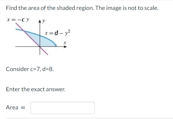 Find the area of the shaded region. The image is not to scale.
x = -c y
x =d- y²
Consider c=7, d=8.
Enter the exact answer.
Area =

