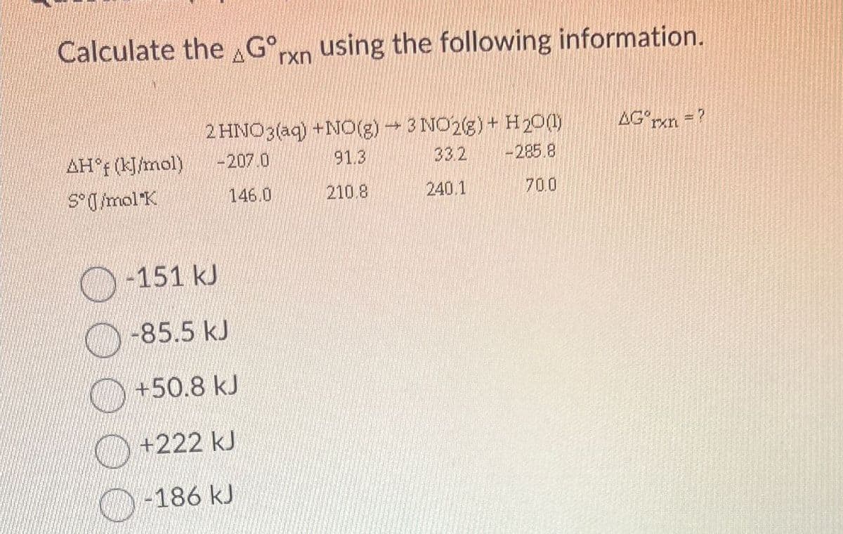 Calculate the G°rxn using the following information.
2 HNO3(aq) +NO(g) 3 NO2(g) + H2O(1)
AG°rn
=7
AH°f (kJ/mol)
-207.0
91.3
33.2
-285.8
S°J/mol K
146.0
210.8
240.1
70.0
-151 kJ
-85.5 kJ
+50.8 kJ
+222 kJ
-186 kJ