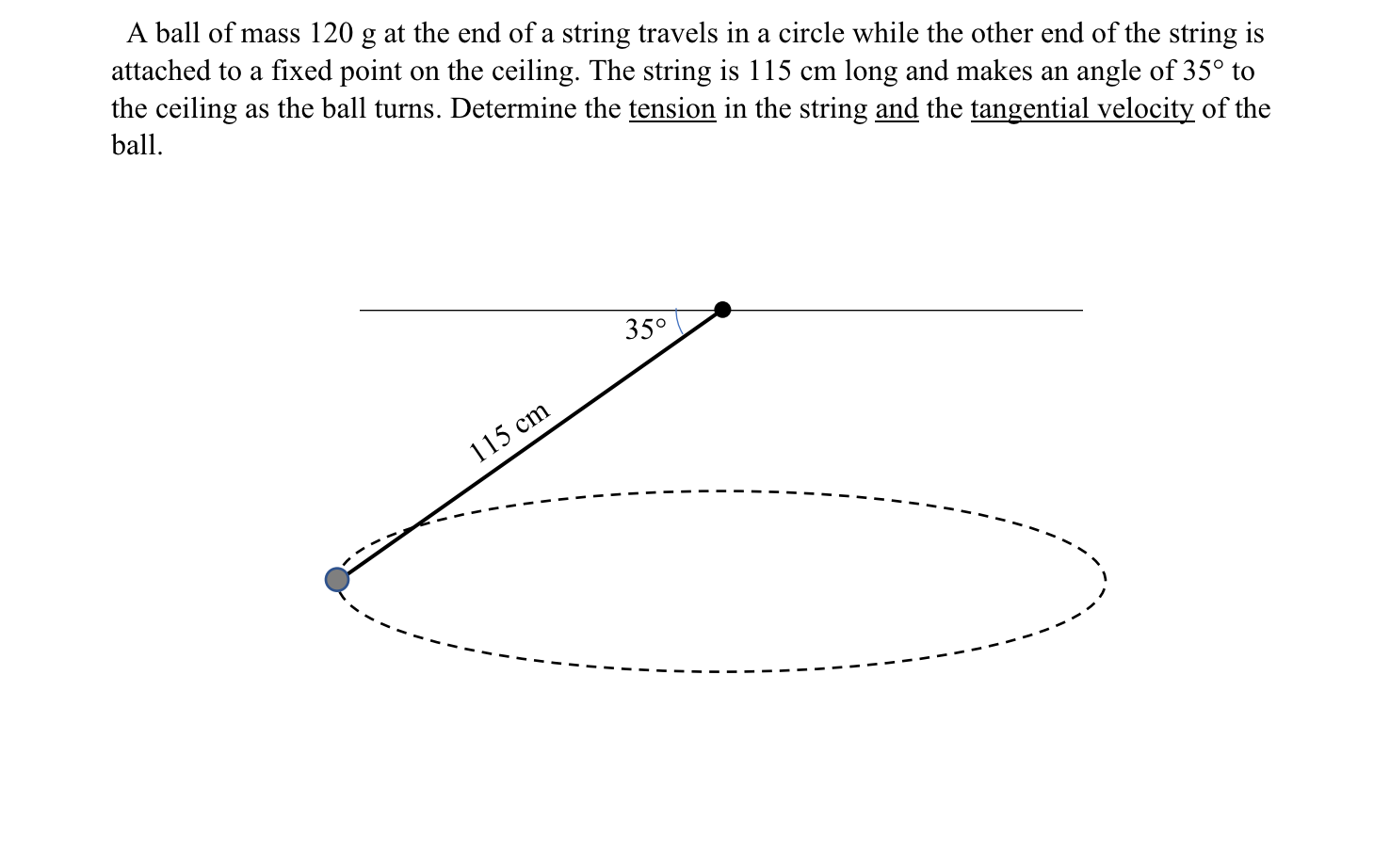 A ball of mass 120 g at the end of a string travels in a circle while the other end of the string is
attached to a fixed point on the ceiling. The string is 115 cm long and makes an angle of 35° to
the ceiling as the ball turns. Determine the tension in the string and the tangential velocity of the
ball.
35°
115 cm
