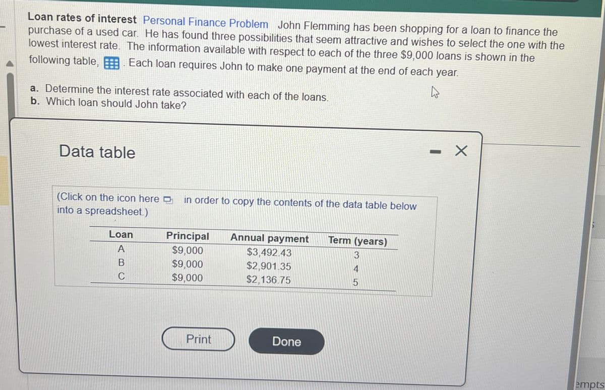 Loan rates of interest Personal Finance Problem John Flemming has been shopping for a loan to finance the
purchase of a used car. He has found three possibilities that seem attractive and wishes to select the one with the
lowest interest rate. The information available with respect to each of the three $9,000 loans is shown in the
following table,
Each loan requires John to make one payment at the end of each year.
a. Determine the interest rate associated with each of the loans.
b. Which loan should John take?
Data table
(Click on the icon here
into a spreadsheet.)
in order to copy the contents of the data table below
Loan
Principal
Annual payment
Term (years)
A
$9,000
$3,492.43
B
$9,000
$2,901.35
C
$9,000
$2,136.75
5
345
Print
Done
O
empts