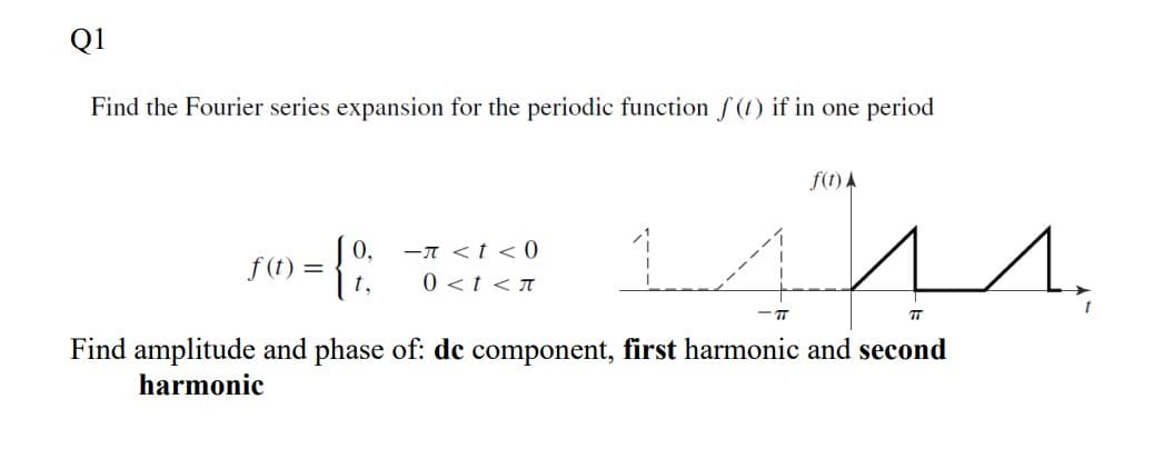 Q1
Find the Fourier series expansion for the periodic function f(1) if in one period
f(1) A
f (t) =
-A <t < 0
0 <t < I
t,
Find amplitude and phase of: dc component, first harmonic and second
harmonic
