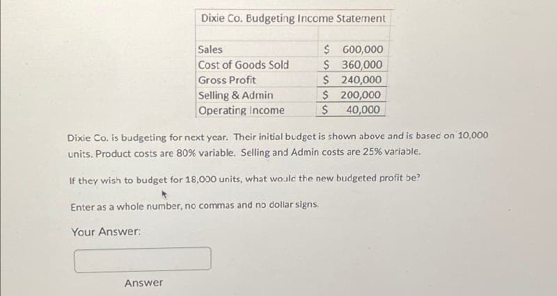 Dixie Co. Budgeting Income Statement
Sales
$ 600,000
Cost of Goods Sold
$ 360,000
Gross Profit
$ 240,000
Selling & Admin
$ 200,000
Operating Income
$
40,000
Dixie Co. is budgeting for next year. Their initial budget is shown above and is based on 10,000
units. Product costs are 80% variable. Selling and Admin costs are 25% variable.
If they wish to budget for 18,000 units, what would the new budgeted profit be?
Enter as a whole number, no commas and no dollar signs.
Your Answer:
Answer
