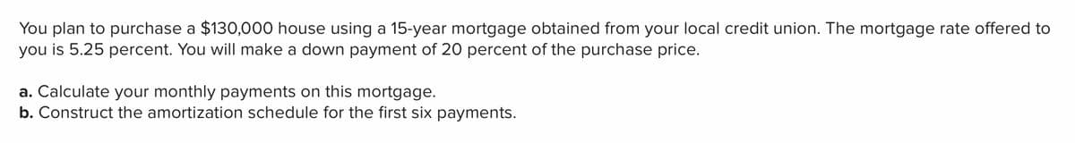 You plan to purchase a $130,000 house using a 15-year mortgage obtained from your local credit union. The mortgage rate offered to
you is 5.25 percent. You will make a down payment of 20 percent of the purchase price.
a. Calculate your monthly payments on this mortgage.
b. Construct the amortization schedule for the first six payments.
