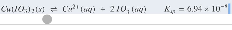 Cu(IO3)2(s) = Cư²*(aq) +
2103 (aq)
Ksp =
6.94 x 10-8
