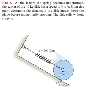 R18-8. At the instant the spring becomes undeformed,
the center of the 40-kg disk has a speed of 4 m/s. From this
point determine the distance d the disk moves down the
plane before momentarily stopping. The disk rolls without
slipping.
k = 200 N/m
0.3 m
30
