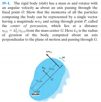 19-1. The rigid body (slab) has a mass m and rotates with
an angular velocity o about an axis passing through the
fixed point O. Show that the momenta of all the particles
composing the body can be represented by a single vector
having a magnitude mvg and acting through point P, called
the center of percussion, which lies at a distance
rp|G = ka/rGjo from the mass center G.Here kg is the radius
of gyration of the body, computed about an axis
perpendicular to the plane of motion and passing through G.
mvG
NG TPG
G.
