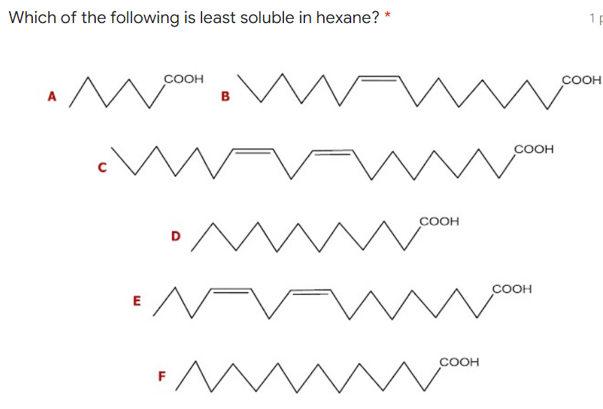 Which of the following is least soluble in hexane? *
COOH
A^
А
B
с
E
D
FM
COOH
COOH
COOH
COOH
1 p
COOH