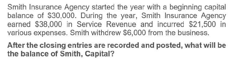 Smith Insurance Agency started the year with a beginning capital
balance of $30,000. During the year, Smith Insurance Agency
earned $38,000 in Service Revenue and incurred $21,500 in
various expenses. Smith withdrew $6,000 from the business.
After the closing entries are recorded and posted, what will be
the balance of Smith, Capital?
