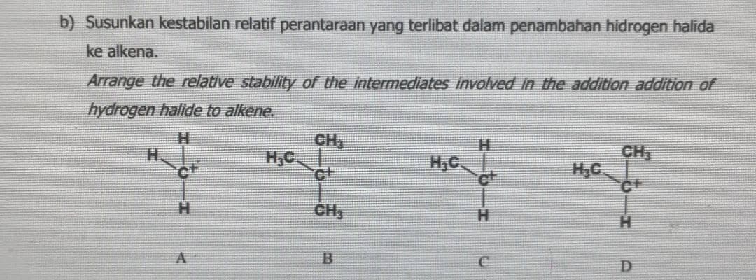 b) Susunkan kestabilan relatif perantaraan yang terlibat dalam penambahan hidrogen halida
ke alkena.
Arrange the relative stability of the intermediates involved in the addition addition of
hydrogen halide to alkene.
CH
H,C.
CH
H,C.
H.
H,C.
CH
