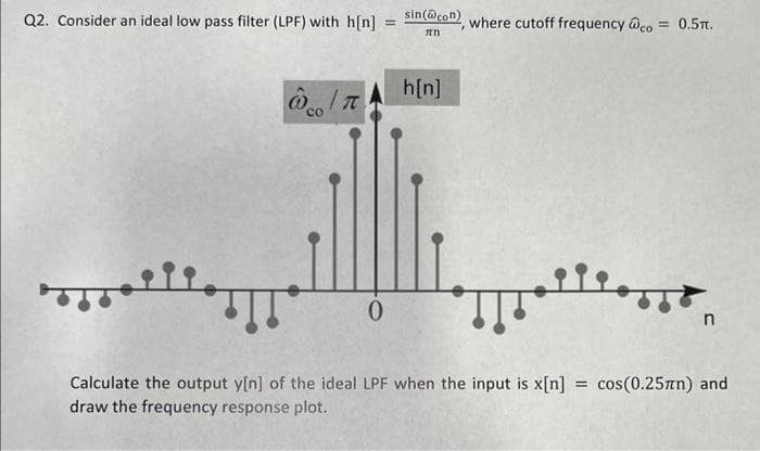 Q2. Consider an ideal low pass filter (LPF) with h[n]
со
T
sin(@con) where cutoff frequency @co= 0.5Tt.
πη
0
h[n]
JJJ
opprettiest
Calculate the output y[n] of the ideal LPF when the input is x[n] = cos(0.25mm) and
draw the frequency response plot.
n