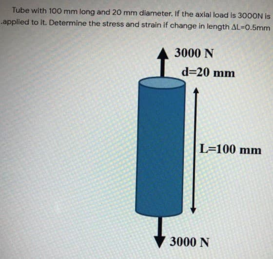 Tube with 100 mm long and 20 mm diameter. If the axial load is 30OON is
.applied to it. Determine the stress and strain if change in length AL=0.5mm
3000 N
d=20 mm
L=100 mm
3000 N
