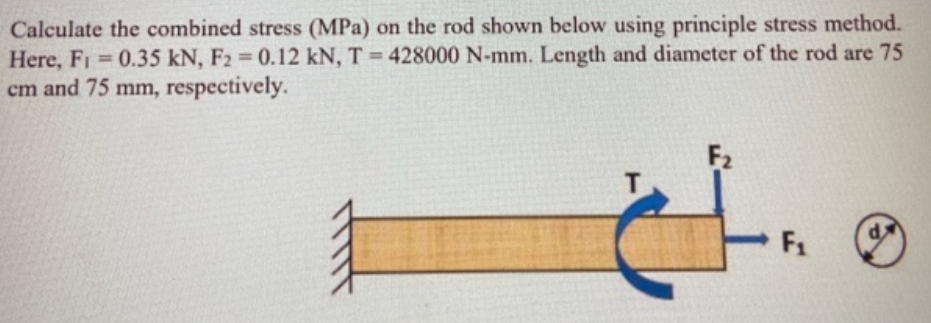 Calculate the combined stress (MPa) on the rod shown below using principle stress method.
Here, F1 0.35 kN, F2 0.12 kN, T = 428000 N-mm. Length and diameter of the rod are 75
cm and 75 mm, respectively.
%3D
%3D
%3D
F2
T.
F1
