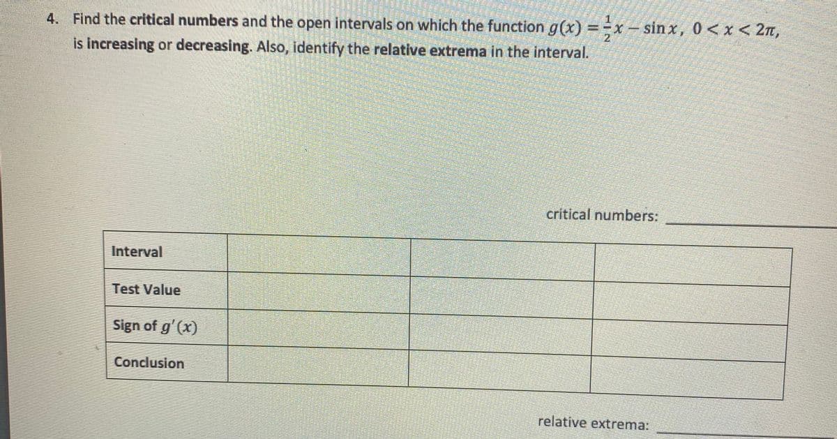 4. Find the critical numbers and the open intervals on which the function g(x) =x- sin x, 0<x< 2n,
is increasing or decreasing. Also, identify the relative extrema in the interval.
critical numbers:
Interval
Test Value
Sign of g' (x)
Conclusion
relative extrema:
