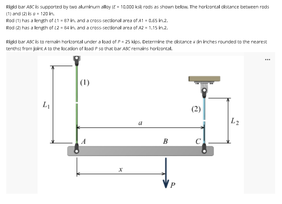Rigid bar ABC is supported by two aluminum alloy (E = 10,000 ksi) rods as shown below. The horizontal distance between rods
(1) and (2) is a = 120 in.
Rod (1) has a length of £1 = 87 in. and a cross-sectional area of A1 = 0.65 in.2.
Rod (2) has a length of £2 = 84 in. and a cross-sectional area of A2 = 1.15 in.2.
Rigid bar ABC is to remain horizontal under a load of P = 25 kips. Determine the distance x (in inches rounded to the nearest
tenths) from joint A to the location of load P so that bar ABC remains horizontal.
L₁
(1)
X
a
B
P
(2)
C
L2